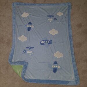 Carter's Just One Year Blue Airplanes Baby Blanket Lovey Green Helicopter Cloud
